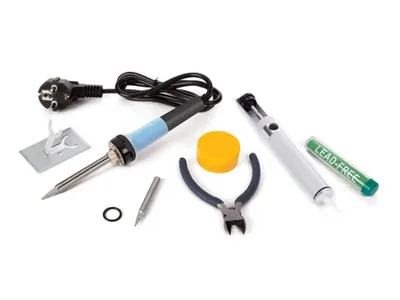 Produktbild von Velleman Lötkolben-Set, Lötkolben 25 W, Ersatz-Lötspitze, Entlötpumpe, Ablageständer, Zange,