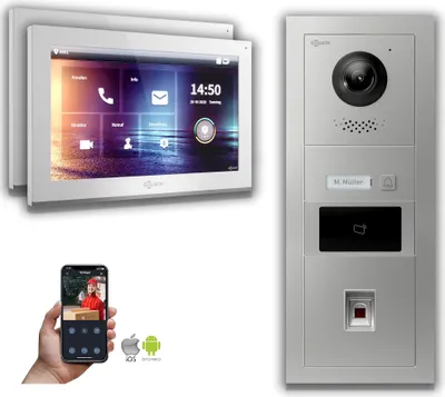 Produktbild von IP Türsprechanlage 2-Monitore Fingerprint RFID : Aufputzdose : 10 Zoll in Weiß : 4er POE (Standard) Türklingel