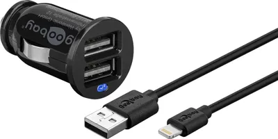 Zdjęcie produktu dla Goobay 71691 Zestaw do ładowania samochodowego Apple Lightning 2,1 A, czarny, 1 m - Ładowarka samochodowa z 2 portami USB i kablem Apple Lightning