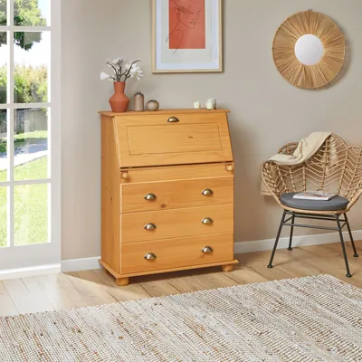Produktbild von Sekretär GOMES aus Massivholz, Gebeizt - Schreibsekretär mit Klappe und Schubladen mit Muschelgriffen, Kiefer Massivholz, Landhausstil für Büro und Wohnzimmer