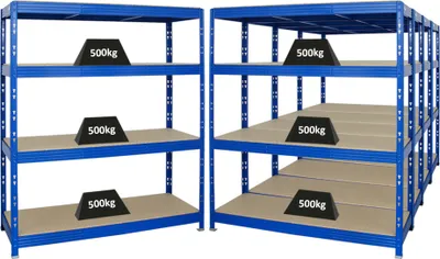 Produktbild von Mega Deal | 5x Profi Schwerlastregal Rhino | HxBxT 180x160x60cm | 4 Spanplatten-Ebenen 16mm | Fachlast 500kg | Blau