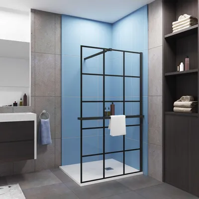 Produktbild von AICA 80x200cm 8mm NANO Glas Walk In Schwarz Duschwand mit Glasdekor Gitter mit Duschregal mit Ausziehbar Stabilisator F084B