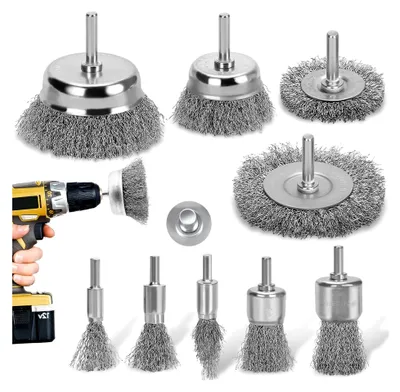 Produktbild von 9-teiliges Set Drahtbürsten für Bohrmaschinen – Messingbeschichtete Bürsten und Topfbürsten, 1/4 Zoll-Schaft