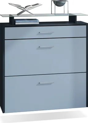 Produktbild von Vladon Schuhschrank Malea, hängender Schuhkipper für 16 Paar Schuhe mit 2 Klappen und 1 Schublade und Glasablage, Schwarz matt/Denim matt (89 x 96 x 23 cm)