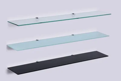 Zdjęcie produktu dla Szklana półka ścienna 80 cm, czarne szkło, 6 mm szkło hartowane ESG, metalowe wsporniki, do łazienki