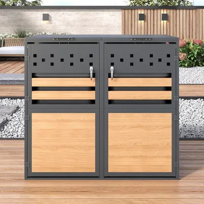 Produktbild von Flieks Mülltonnenbox mit Klappdeckel, 1er, Mülltonnenschrank mit Tür und Schloss, Mülltonnenverkleidung für 2 Tonnen 120–240L, 132x80x120cm, Grau