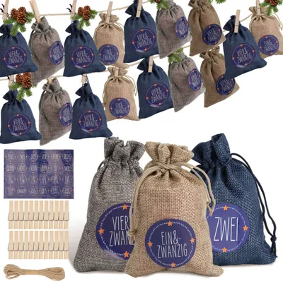 Produktbild von Jopassy 24 Adventskalender zum Befüllen, Adventskalender Stoffbeutel Säckchen mit 1-24 Sackleinen Taschen Jutesäckchen,Blau /weiß /grau