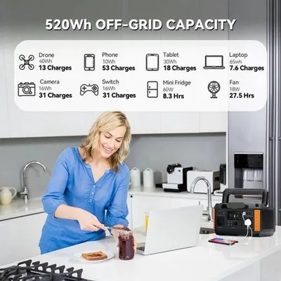 Obrázok produktu pre Prenosný generátor s batériou a solárnym panelom – 520 Wh úložiska energie – čistá sínusoida – viacero konektorov
