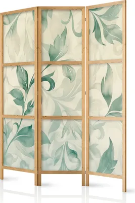 Produktbild von 3-teiliger Einseitiger Vlies Japanischer Paravent - Watercolor Botanical Motif - Delicate Green-Beige Leaves 135x172 cm Blumen f-H-10016-bh-a