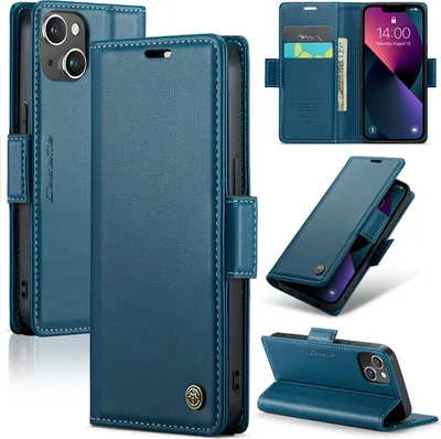 Image de iPhone 14 Case, RFID Blocking Card, étui en cuir avec fonction stand pour iPhone 14 Bleu