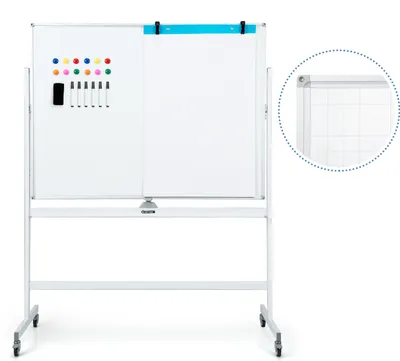 A white mobile double-sided whiteboard with accessories on a white background.