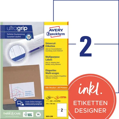 Image de Avery Zweckform 3655 - Etiketten - weiß - 148 x 210 mm - 400 Etikett(en) (200 Bogen x 2) (3655-200)