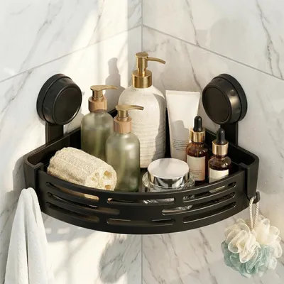 Produktbild von Duschkorb & -ablage Duschregal ohne Bohren, Eckduschregal mit Saugnapf, Badezimmer-Organizer für Shampoo und Dusche, Eckregal mit Handtuchhaltern, abn