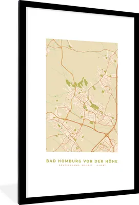 Produktbild von MuchoWow® Gerahmtes Poster Karte - Stadtplan - Bad Homburg vor der Höhe - Karte - Vintage 60x90 cm - Poster mit Schwarzem Bilderrahmen Wandposter Rahmen Foto Bilder - Dekoration - Wandposter Wohnzimmer - Hochwertig