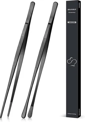 Obrázek produktu pro 2 ks kuchyňských kleští o délce 30,5 cm, špičky s jemným zrnitým povrchem, nerezová ocel, profesionální kuchyňské kleště, kleště na grilování, lesk a servírování (černé)