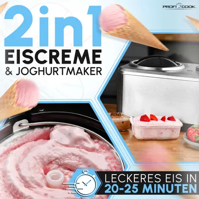A marketing image for an ice cream and yogurt maker, showing the machine, ice cream cones, and finished ice cream.
