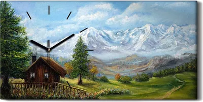 Produktbild von Wanduhr Leinwand Bild Uhr Quarz 60x30 Blume Haus Bäume Wiese Berg Landschaft - schwarze Hände