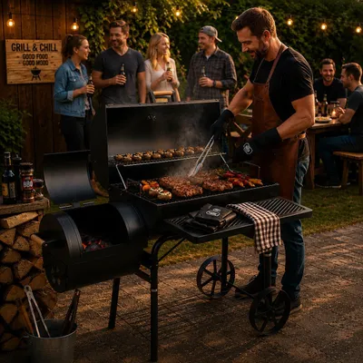 Produktbild von Smoker Grill Holzkohlegrill BBQ Grillwagen Räuchergrill Lokomotive mit Thermometer Stahl Schwarz 125x55x120 cm Grillfläche 65x34 cm Kohlegrill
