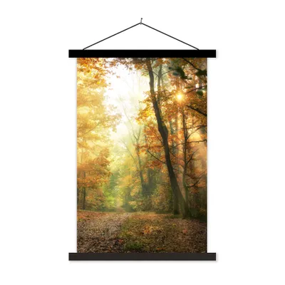 Produktbild von MuchoWow® Textilposter Wald - Herbst - Sonne - Landschaft - Natur - Bäume - Laub 60x90 cm mit schwarzem Rahmen - Poster Wohnzimmer