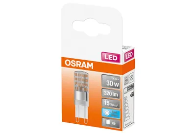 A product package for an OSRAM LED PIN G9 light bulb.