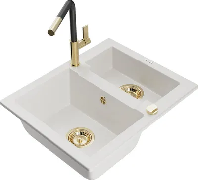 Produktbild von Mexen Carlos 1,5-Becken-Granitspüle mit Mischbatterie Flora, Weiß - 6518-20-670401-57-G