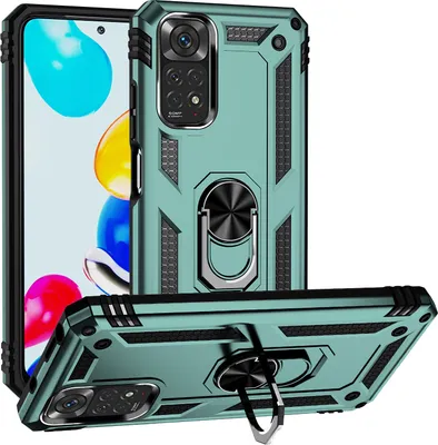 Obrázek produktu pro Pouzdro pro Xiaomi Redmi Note 11 / Note 11S dvouvrstvé robustní, vojenská ochrana pouzdro s držákem prstenu a stojánkem zelené