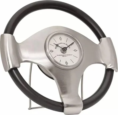Produktbild von Casa Padrino Tischuhr in Lenkradform Silber / Braun Ø 26 cm - Deko Accessoires