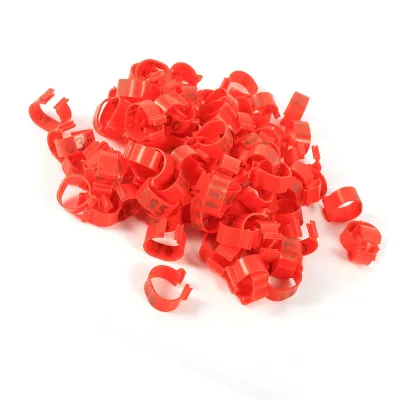Obrázok produktu pre 100 ks/vrecko, 16 mm, 001-100, očíslované plastové krúžky na hydinu, kurčatá, kačice, husacie stehná (červené)