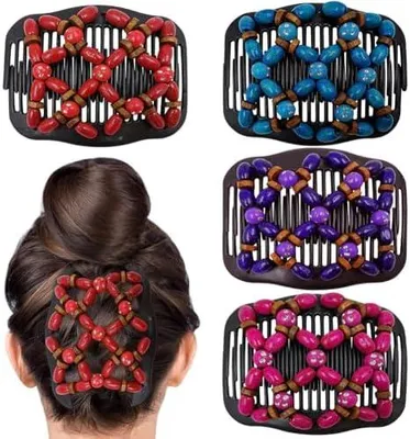 Produktbild von 4 elastische magische Haarkämme für Damen mit Doppelkamm, Holzperlen und Haarspangen für lockiges, dickes und welliges Haar