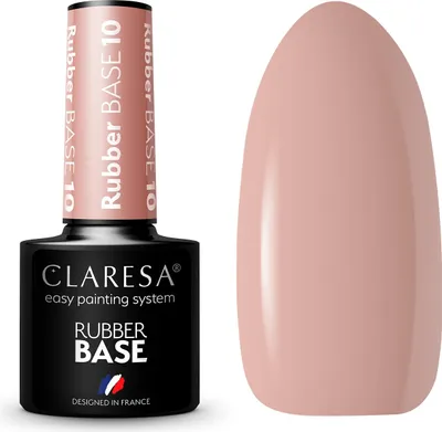A bottle of CLARESA Rubber Base 10 nail polish and a swatch of the polish color.