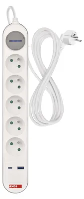 Prodlužovací kabel 3 m / 5 zásuvky / s vypínačem / bílo-šedý / 1×USB-A + 1×USB-C / 1,5 mm2