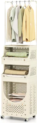 Produktbild von COSTWAY 4-stufiger Wäschekorbwagen, Badrollwagen mit Kleiderstangen, Wäschekorb, Rollen, Haken, Wäschesammler Kleiderständer, Wäschesortierer, beige