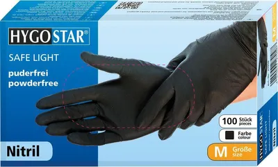 A box of black nitrile gloves with a hand wearing a glove shown on the front.
