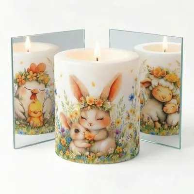 Produktbild von Kerze rund Lovely Spring Families - Fröhliche Frühlingstiere Ø 8cm, Höhe 9cm