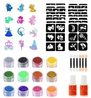 Produktbild von Glitzer Tattoo Set Kinder 12 Farben 16 Schablonen 2 Kleber Pinsel