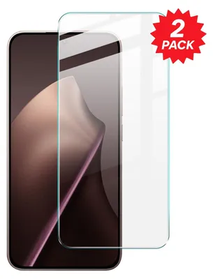 A smartphone screen protector is shown with a red starburst overlay indicating a 2-pack.