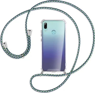 Produktbild von Handykette Backcover-Schutzhülle mit Band (Metall silberfarben) für Huawei P Smart 2019 / Honor 10 Lite - grün/blau/weiß