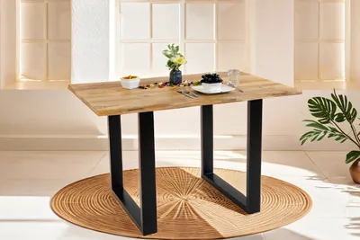 Produktbild von Baumkantentisch Mangoholz Esstisch Vintage-Optik 160 x 85 cm U-Gestell schwarz TIGER