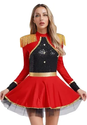 Produktbild von Damen Zirkusdirektorin Kostüm Rot Gold Gr M – Ringmaster Kleid Pailletten Showmaster Karneval Fasching Party Halloween Show