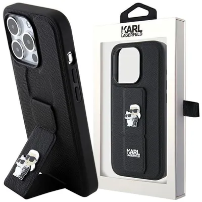 A Karl Lagerfeld iPhone case is displayed in its packaging, with a second case shown from the side with its stand deployed.
