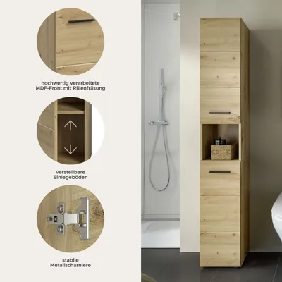 Produktbild von Ice Hochschrank Bad 2 Türen, 1 Regal Eiche Nachbildung.