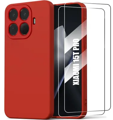 Image de Coque + 2 Verres Trempés pour Xiaomi 15T Pro, Protection Silicone Souple Doux Slim Anti-Rayures Rouge