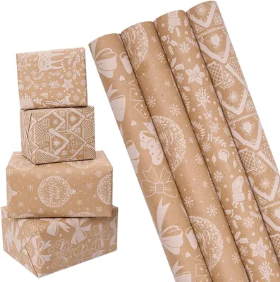 Obrázok produktu pre Darčekový papier, kraftpapier, 4 rolky, 43 cm x 3 m, recyklovateľný, vhodný na Vianoce