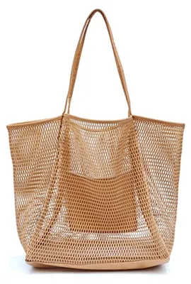 Produktbild von Mesh Strandtasche Groß Mit Reißverschluss, 1 Stück, Umhängetasche Damen Für Strand Reise Picknick, Faltbare Badetasche Mit Innentasche