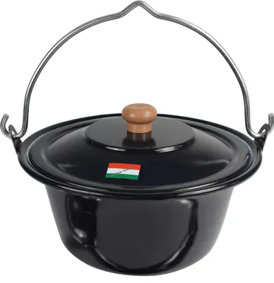 A black enamel pot with a lid and a metal handle, shown against a white background.