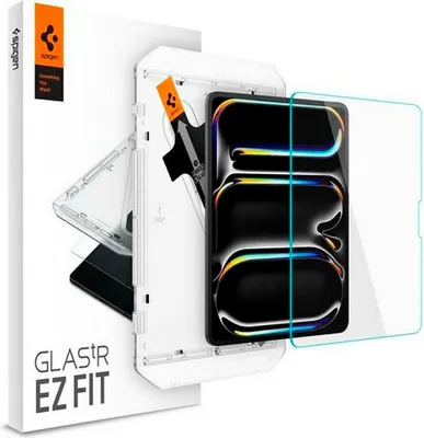 A Spigen Glas.tR EZ Fit screen protector for an iPad Pro 13 2024 is shown with its packaging and installation guide.