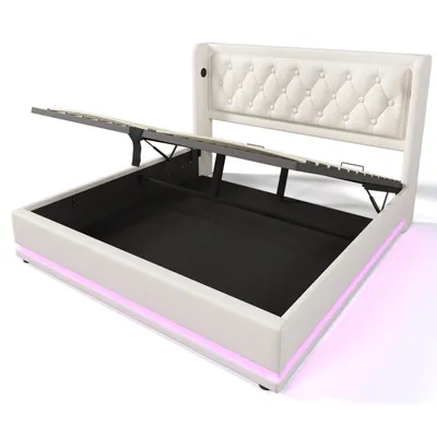 Produktbild von Flieks Polsterbett 140x200cm mit USB & Typ-C, Doppelbett Jugendbett mit LED, Hydraulisches Stauraumbett Boxspringbett mit Lattenrost, Kunstleder, Weiß