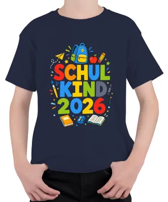 Productafbeelding van T-shirt voor basisschoolkinderen, geschikt als cadeau bij de start van de basisschool, voor meisjes en jongens, marineblauw, maat 128