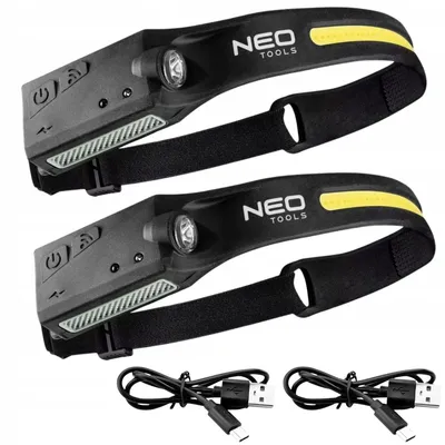 Produktbild von NEO TOOLS Stirnlampe LED 2 Stück - Bewegungsmelder -Wiederaufladbare Kopflampe 4 Modi - IPX6 Wasserdichte - Max. 350 Lumen
