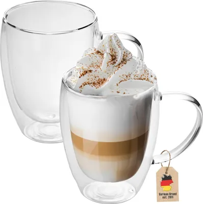 Produktbild von Intirilife 2x Doppelwandiges Thermo Glas Set in 250 - 300ml – Thermoglas Thermogläser Mundgeblasen isoliert Latte Macchiato Teeglas Kaffeeglas mit Henkel